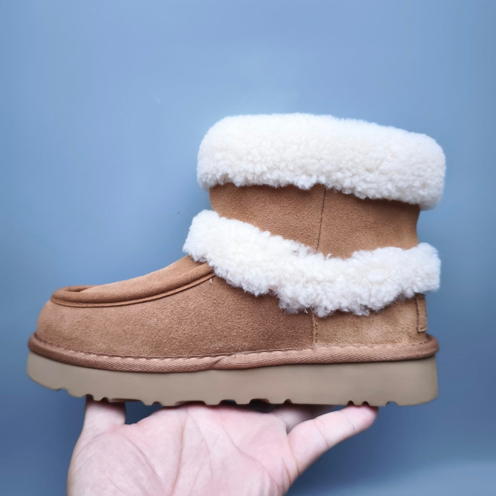 Chestnut Curly Fur Big Logo Mid-Top Trendy Boots — New Arrival | In Stock