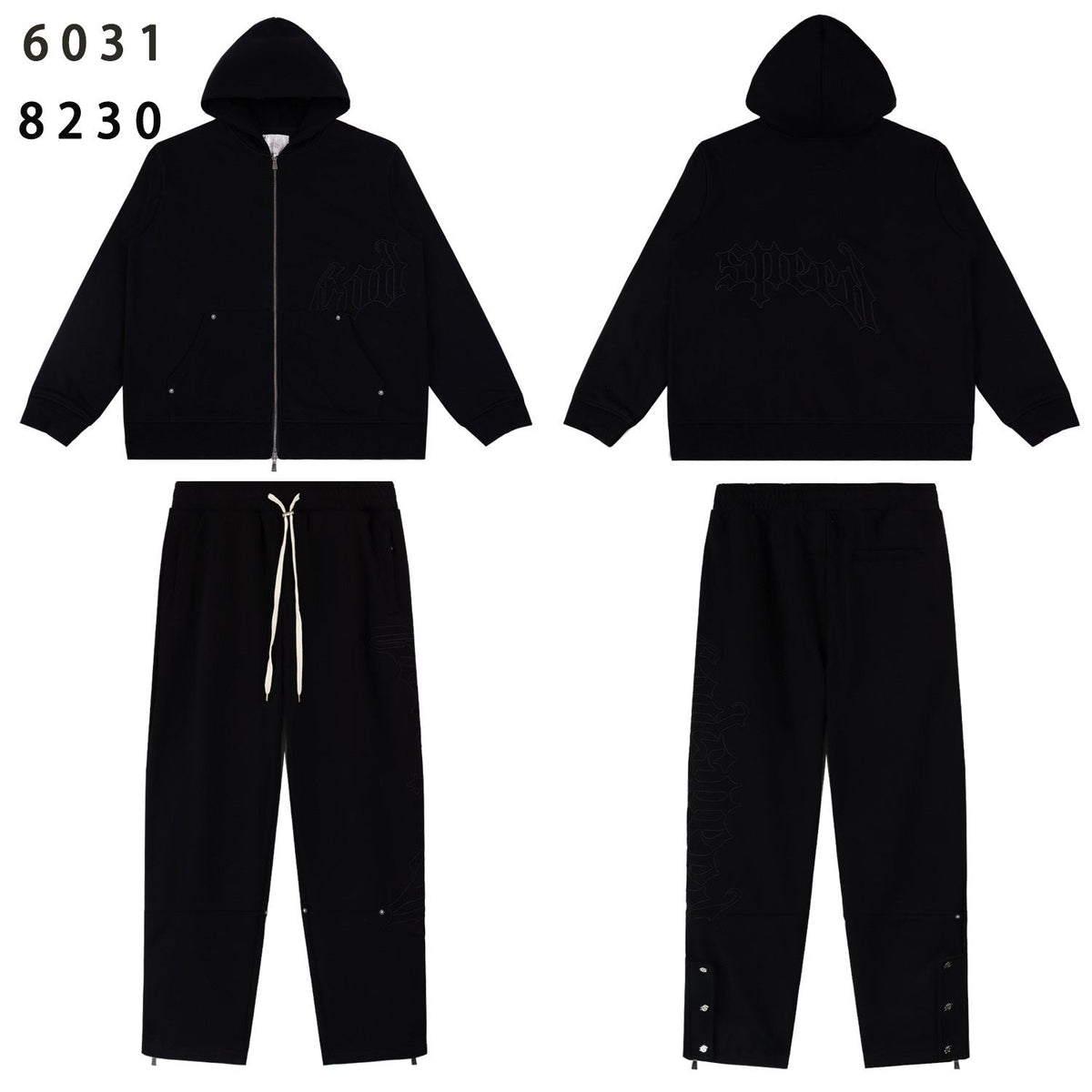 Godspeed Tonal Black Gothic Zip Hoodie Tracksuit Set