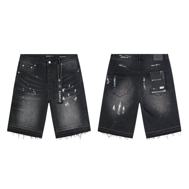 Purple Brand Black Paint-Splatter Distressed Denim Shorts