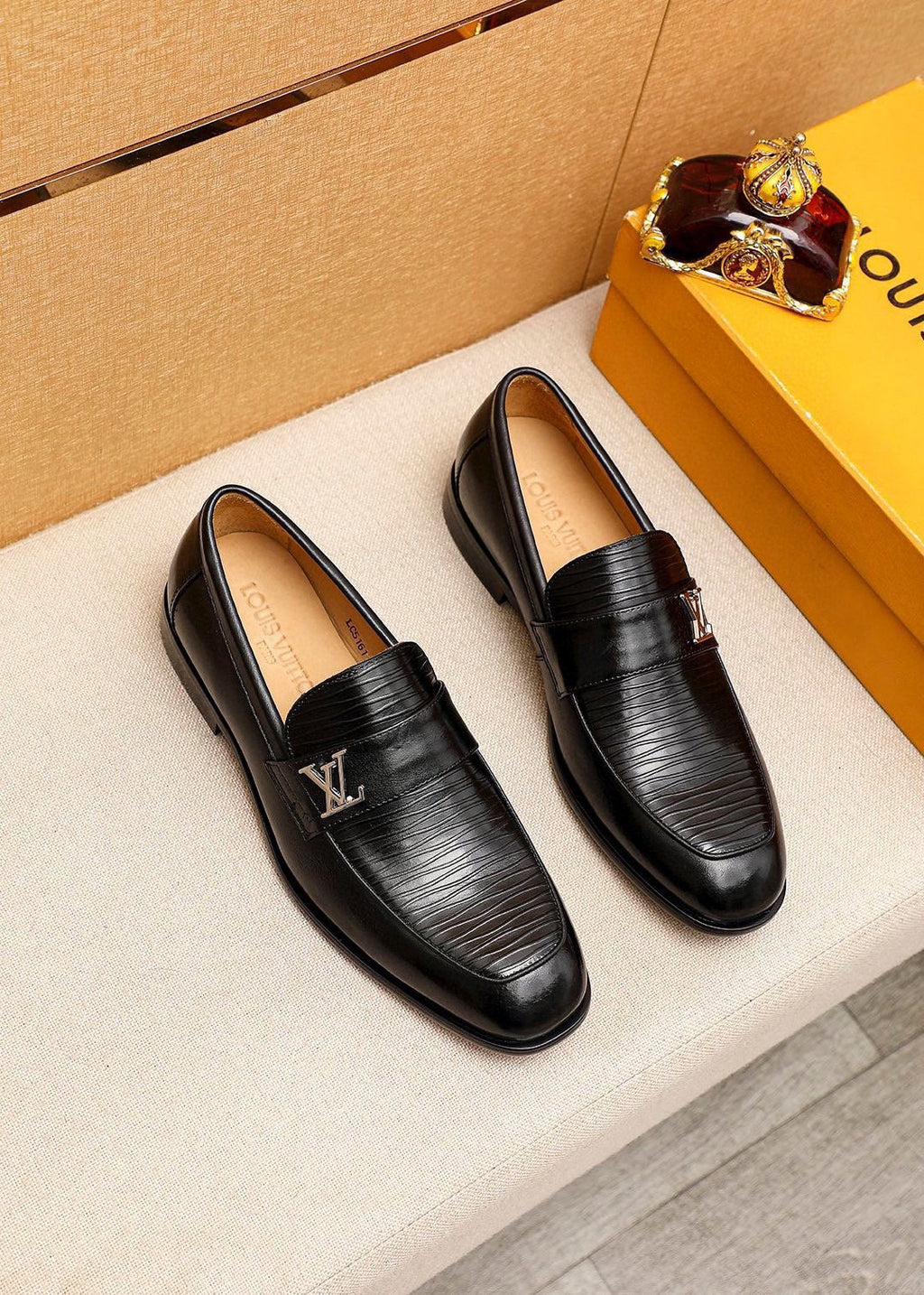 Louis Vuitton Black Textured Loafers - Metal Vamp Detail