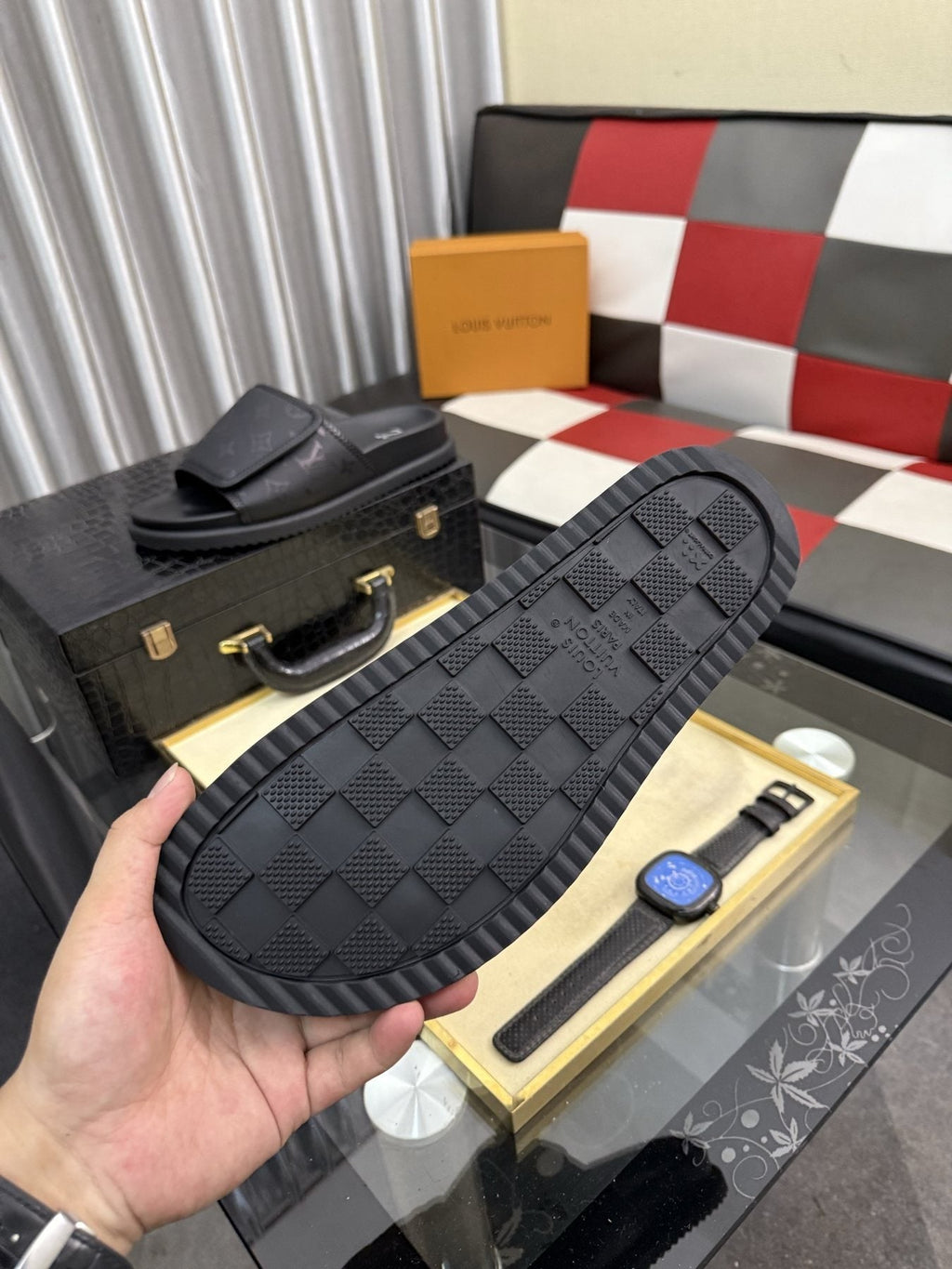 Louis Vuitton Black Monogram Slide Sandals - Wide Monogram-Pattern Strap