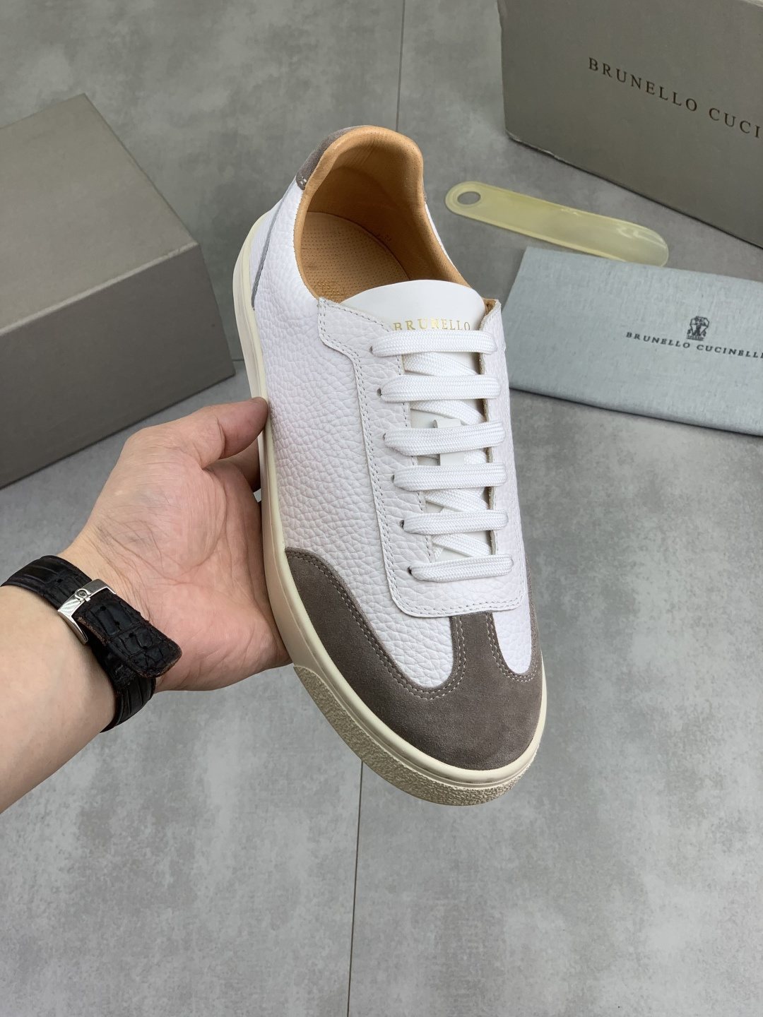 Brunello Cucinelli White and Taupe Low-Top Sneakers