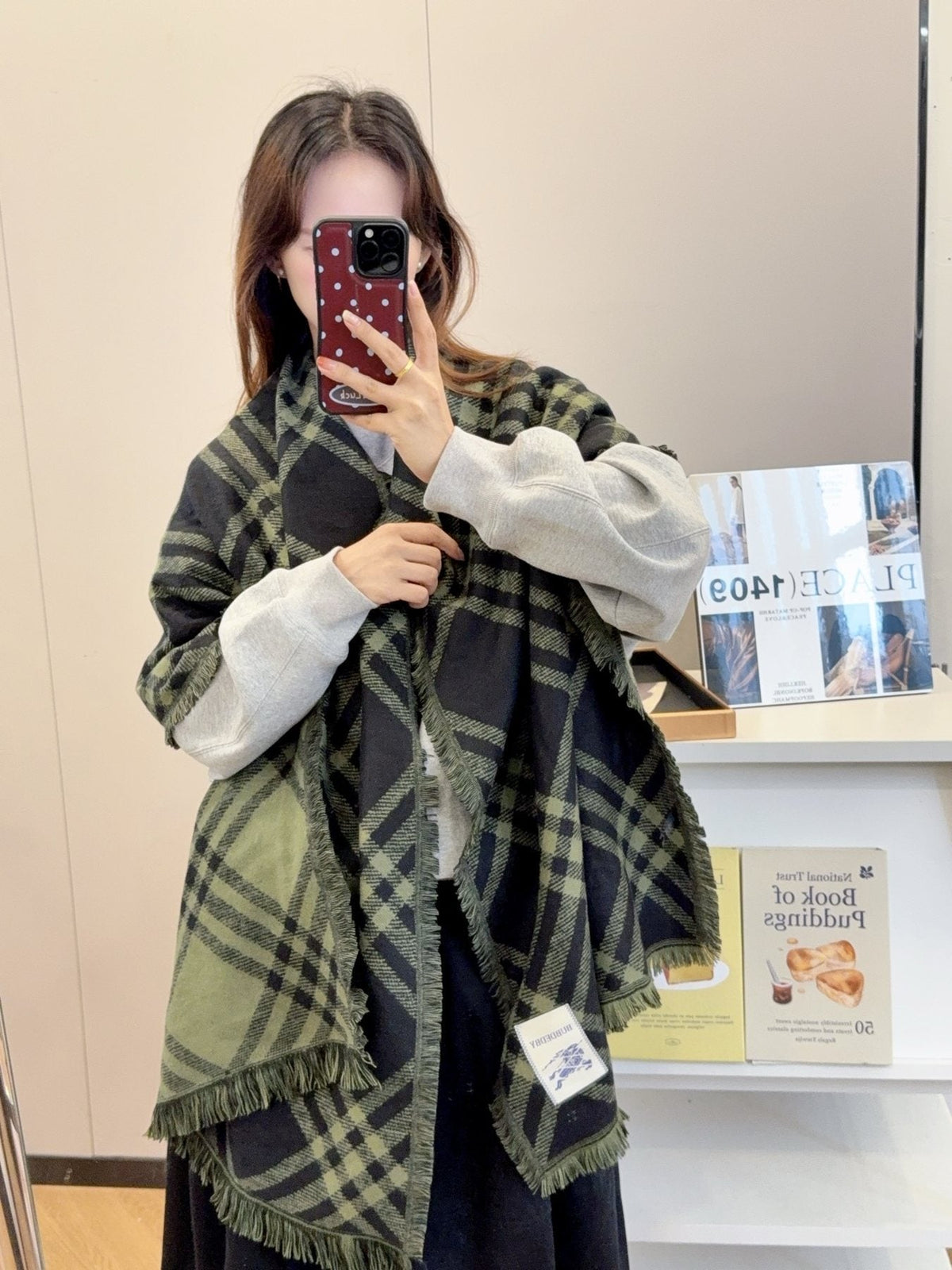 Burberry Black and Olive Green Plaid Scarf
